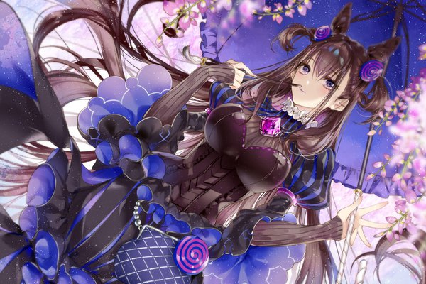 Anime picture 1057x705 with fate (series) fate/grand order murasaki shikibu (fate) kinokohime single long hair looking at viewer blush fringe breasts light erotic hair between eyes brown hair large breasts standing purple eyes holding payot parted lips blurry