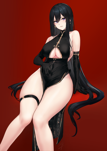 Anime picture 2381x3340 with original classy-black-haired girl (hayabusa) hayabusa single long hair tall image looking at viewer blush fringe highres breasts light erotic black hair simple background hair between eyes sitting purple eyes bare shoulders payot cleavage