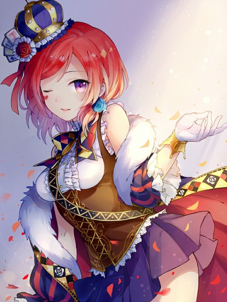 Anime picture 750x1000 with love live! school idol project sunrise (studio) love live! nishikino maki rio.lw single tall image looking at viewer short hair purple eyes bare shoulders red hair parted lips one eye closed sleeveless girl skirt gloves petals white gloves