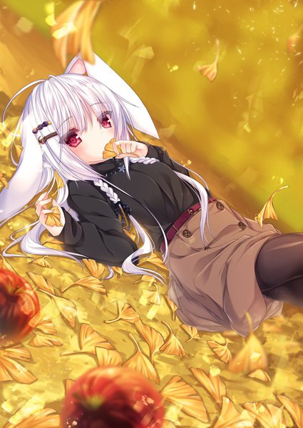 Anime picture 1054x1489 with original muku (apupop) single long hair tall image looking at viewer blush fringe hair between eyes red eyes holding animal ears ahoge white hair lying braid (braids) blurry on back dutch angle bunny ears