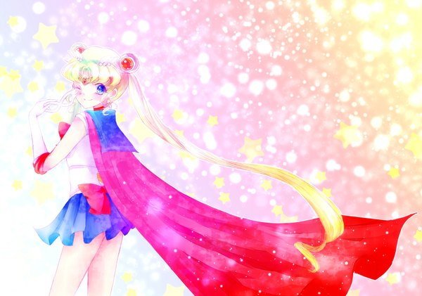 Anime picture 1617x1137 with bishoujo senshi sailor moon toei animation tsukino usagi sailor moon torao (torakmn) (artist) single looking at viewer blush blue eyes blonde hair smile standing twintails holding very long hair one eye closed looking back wink sparkle hair bun (hair buns)