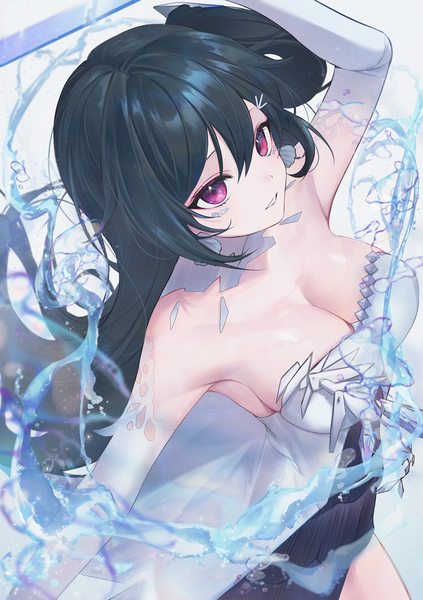 Anime picture 1500x2128 with original nellku24 single long hair tall image fringe breasts light erotic black hair hair between eyes large breasts purple eyes signed cleavage from above floating hair looking up girl gloves hair ornament