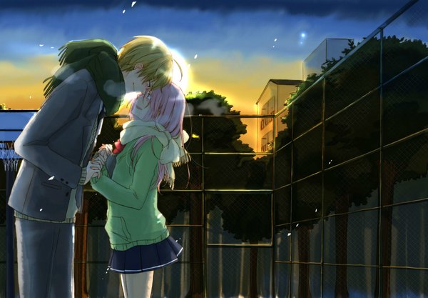 Anime picture 2000x1392 with kuroko no basket production i.g kise ryouta momoi satsuki long hair highres short hair blonde hair pink hair cloud (clouds) couple holding hands evening sunset exhalation girl boy plant (plants) miniskirt tree (trees)