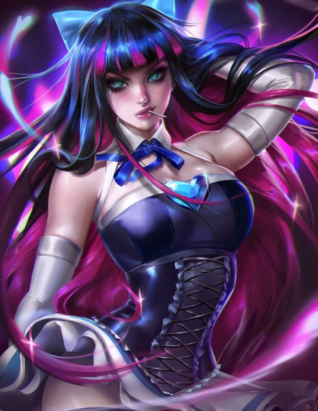 Anime picture 1391x1800 with panty & stocking with garterbelt anarchy stocking sakimichan single long hair tall image looking at viewer fringe breasts light erotic black hair standing green eyes pink hair blunt bangs multicolored hair arm up lips realistic two-tone hair