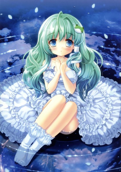 Anime picture 2857x4044 with touhou kochiya sanae kino (kino konomi) long hair tall image blush highres blue eyes green hair loli girl dress water white dress