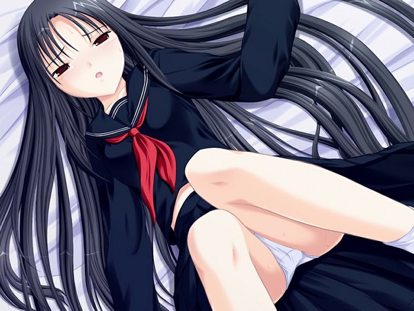 Anime picture 1024x768 with kanosora (game) light erotic black hair red eyes game cg girl underwear panties serafuku