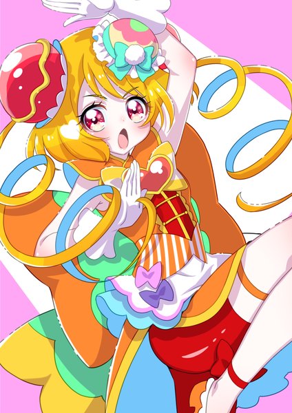 Anime picture 926x1310 with precure delicious party precure toei animation hanamichi ran cure yum-yum osarutukamaeru single long hair tall image looking at viewer open mouth blonde hair red eyes standing twintails :o drill hair standing on one leg fighting stance girl