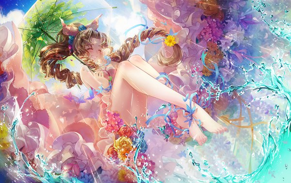 Anime picture 1300x818 with final fantasy final fantasy vii square enix aerith gainsborough cat princess single long hair blush open mouth smile brown hair sky full body ponytail eyes closed nail polish barefoot hair flower teeth bare legs