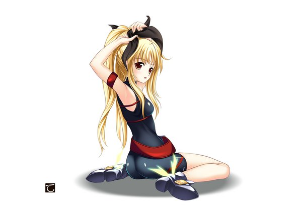 Anime picture 1000x720 with mahou shoujo lyrical nanoha fate testarossa tebukuro single long hair light erotic simple background blonde hair red eyes white background twintails looking back armpit (armpits) girl bow hair bow bodysuit