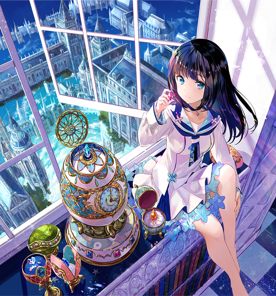 Anime-Bild 844x906 mit original fuzichoco single long hair tall image looking at viewer fringe blue eyes black hair barefoot from above city cityscape girl uniform choker serafuku window book (books) clock