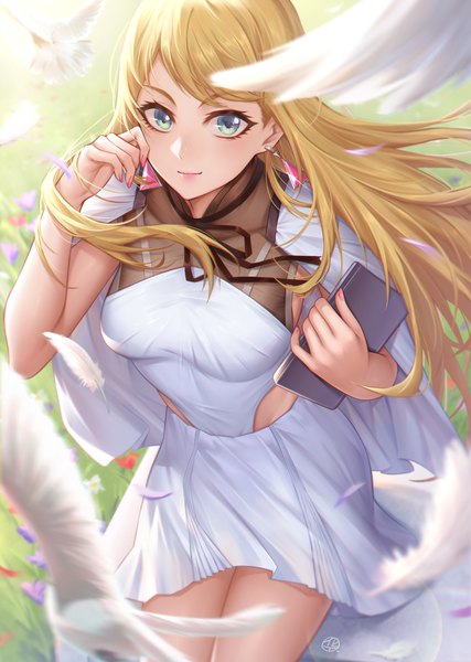 Anime picture 1758x2470 with mobile suit gundam gundam hathaway's flash sunrise (studio) gigi andalusia hua-j single long hair tall image looking at viewer fringe highres breasts blonde hair smile standing holding green eyes signed outdoors nail polish