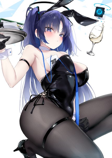 Anime-Bild 1144x1600 mit blue archive yuuka (blue archive) gyoku seisyoku single long hair tall image looking at viewer blush fringe breasts blue eyes light erotic simple background large breasts white background animal ears blue hair high heels two side up bunny ears