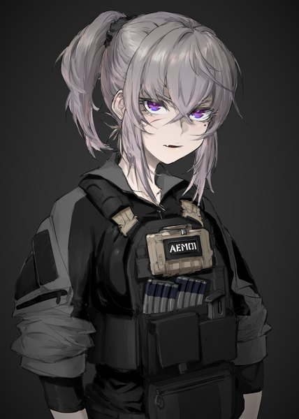 Anime-Bild 1942x2720 mit original alma01 single long hair tall image looking at viewer fringe highres simple background hair between eyes standing purple eyes payot upper body ponytail parted lips head tilt grey hair mole fang (fangs)