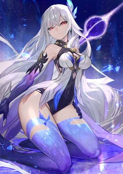 Anime picture 1062x1500 with genshin impact skirk (genshin impact) lack single long hair tall image looking at viewer fringe breasts light erotic hair between eyes red eyes large breasts bare shoulders full body grey hair kneeling girl thighhighs gloves
