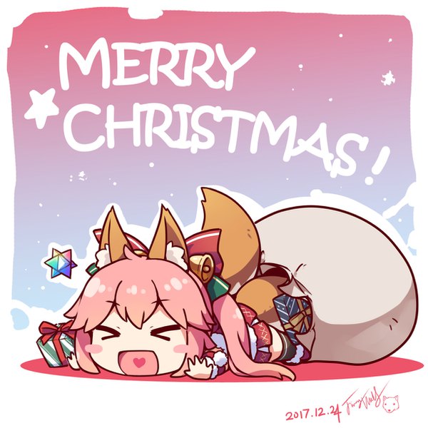 イラスト 1225x1225 と Fateシリーズ fate/grand order tamamo (fate) (all) キャス狐 狼巴子原型机 ソロ 長髪 signed 獣耳 ピンク髪 全身 尻尾 lying eyes closed animal tail 狐耳 dated 狐尻尾 狐っ娘 クリスマス