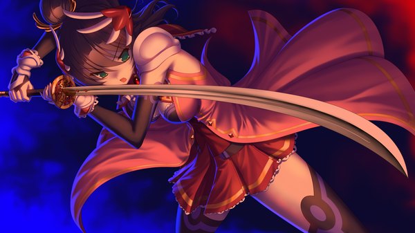 Anime picture 1280x720 with mahou kenki arch calibur long hair looking at viewer blush open mouth black hair wide image green eyes game cg girl thighhighs dress gloves hair ornament weapon black thighhighs sword elbow gloves katana