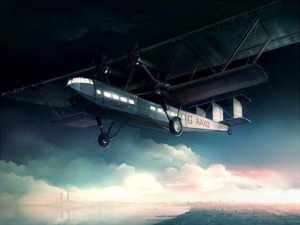 Anime picture 1024x768 with seo tatsuya cloud (clouds) cityscape aircraft airplane biplane tagme