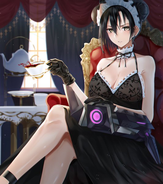 Anime picture 1200x1352 with girls frontline dinergate (girls frontline) agent (girls frontline) nicky w single tall image looking at viewer blush fringe short hair breasts light erotic black hair hair between eyes large breasts sitting bare shoulders holding yellow eyes cleavage