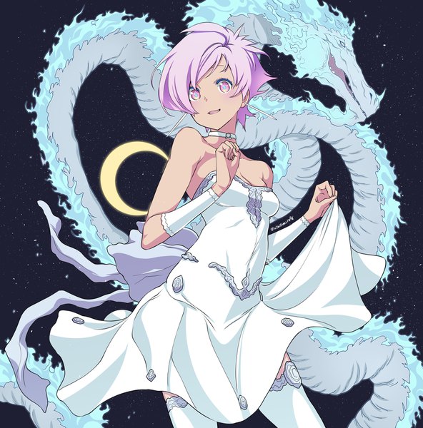 Anime picture 1973x2000 with original eudetenis single tall image looking at viewer highres short hair open mouth standing bare shoulders holding signed cleavage purple hair pink eyes night night sky fantasy crescent girl