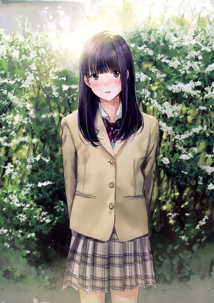 Anime picture 2889x4096 with original kazuharu kina single long hair tall image looking at viewer blush fringe highres open mouth black hair hair between eyes brown eyes payot outdoors blunt bangs pleated skirt sunlight blurry scan