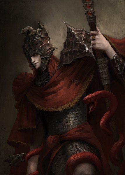 Аниме картинка 2928x4096 с elden ring messmer the impaler rioyudha22 один (одна) высокое изображение высокое разрешение короткие волосы стоя держать подписанный красные волосы закрытые глаза мужчина оружие животное накидка кольцо шлем копьё змея