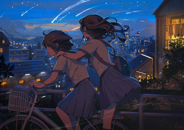 Anime picture 1700x1202 with original tsukun112 long hair short hair brown hair standing sitting multiple girls signed looking away profile pleated skirt wind night night sky city cityscape city lights hand on another's shoulder skirt flip