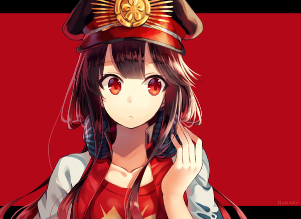 イラスト 1400x1024 と Fateシリーズ fate/grand order oda nobunaga (fate) (all) 織田信長(水着) ののの ソロ 長髪 前髪 simple background 赤い目 茶色の髪 signed looking away upper body portrait letterboxed red background headphones around neck hand on headphones 女の子