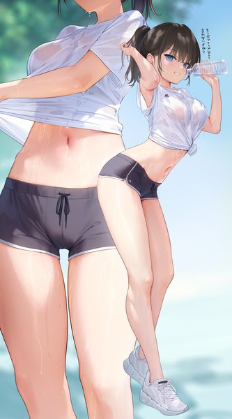 Anime picture 822x1480 with original mignon tall image looking at viewer blush fringe short hair breasts blue eyes light erotic black hair smile hair between eyes holding payot ponytail blurry no bra arms up depth of field
