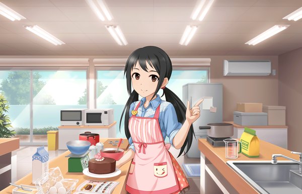 Anime picture 1280x824 with idolmaster idolmaster cinderella girls nakano yuka single long hair looking at viewer black hair twintails brown eyes official art cooking girl food sweets book (books) apron cake chocolate milk kitchen