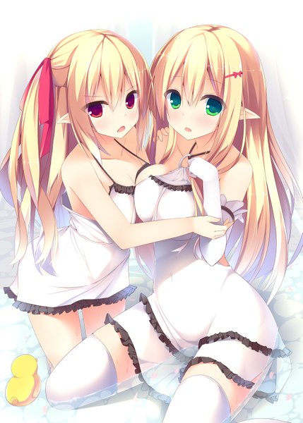 Anime picture 2589x3623 with original megarisu long hair tall image looking at viewer blush highres open mouth light erotic blonde hair red eyes bare shoulders multiple girls green eyes pointy ears girl thighhighs dress ribbon (ribbons) 2 girls
