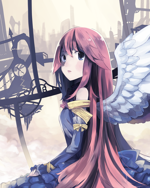Anime picture 2400x3000 with original shadow2810 single tall image highres blue eyes bare shoulders pink hair very long hair looking back angel wings girl wings