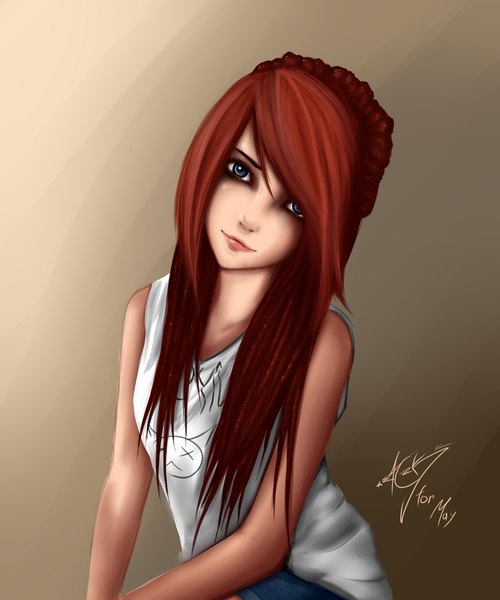Anime picture 2000x2400 with zackargunov single long hair tall image looking at viewer highres blue eyes simple background red hair lips sleeveless girl t-shirt