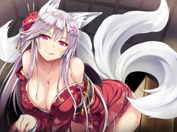 Anime picture 800x600 with original utsurogi angu single long hair breasts light erotic large breasts animal ears silver hair white hair tail traditional clothes japanese clothes animal tail pink eyes hair flower leaning leaning forward fox ears floral print