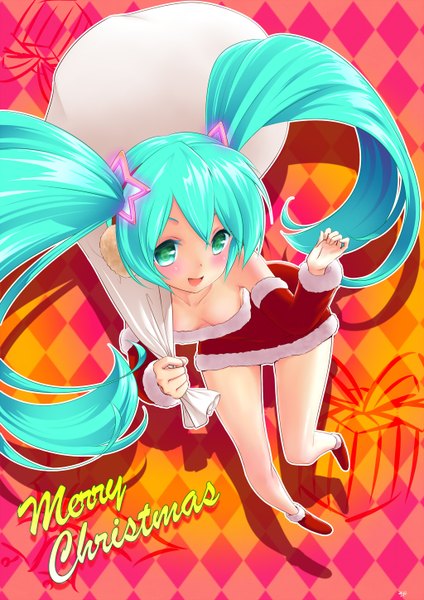 Anime picture 1024x1448 with vocaloid hatsune miku suzumiya kyo (kyo21413) single long hair tall image blush open mouth light erotic smile twintails bare shoulders aqua eyes from above aqua hair fur trim christmas merry christmas girl fur