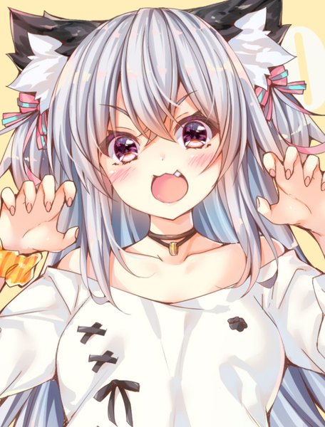 Anime-Bild 758x996 mit original oziko (ojitcha) ojitcha single long hair tall image looking at viewer blush fringe open mouth simple background hair between eyes purple eyes bare shoulders animal ears payot upper body fingernails grey hair cat ears