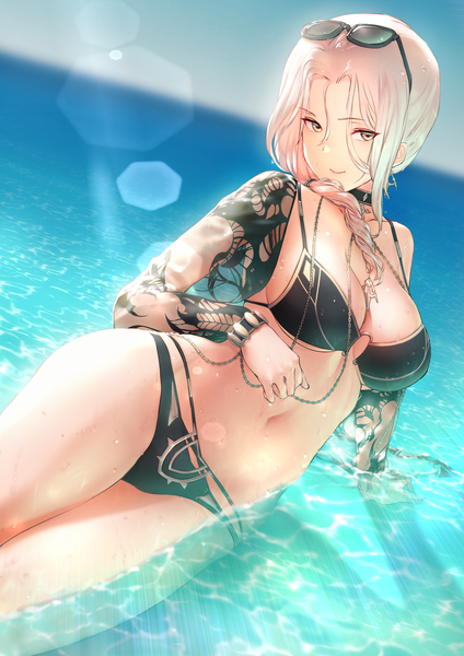 Anime picture 2894x4093 with fate (series) fate/grand order carmilla (fate) carmilla (swimsuit rider) (fate) itaco single long hair tall image looking at viewer fringe highres breasts light erotic smile hair between eyes large breasts bare shoulders yellow eyes payot silver hair