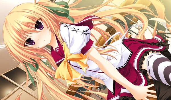 Anime picture 1024x600 with sora to kumo to kimi no koi long hair blush blonde hair wide image purple eyes twintails game cg girl thighhighs skirt uniform ribbon (ribbons) hair ribbon school uniform miniskirt striped thighhighs