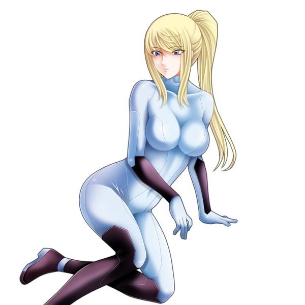 Anime picture 1600x1600 with metroid samus aran tamamon single long hair looking at viewer breasts blue eyes light erotic blonde hair white background ponytail girl bodysuit zero suit