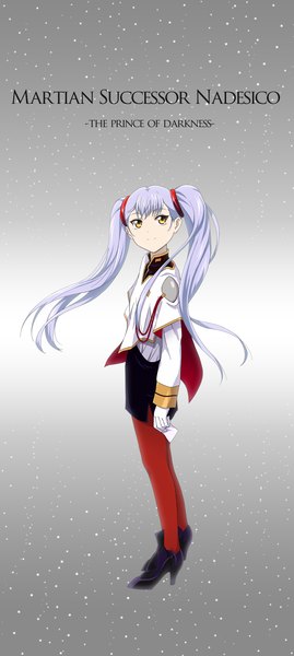 Anime picture 594x1322 with martian successor nadesico kidou senkan nadesico xebec hoshino ruri mokkei (artist) single long hair tall image smile twintails yellow eyes looking away purple hair grey background looking up girl gloves uniform pantyhose white gloves