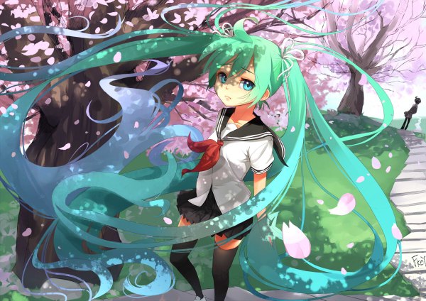 Anime picture 1200x848 with vocaloid hatsune miku twintails very long hair aqua eyes aqua hair cherry blossoms girl thighhighs uniform black thighhighs plant (plants) school uniform petals tree (trees) serafuku