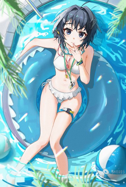 Anime picture 3508x5222 with arknights la pluma (arknights) la pluma (summer flowers) (arknights) mrdaji single tall image looking at viewer highres short hair blue eyes light erotic black hair absurdres from above partially submerged official alternate costume girl swimsuit bikini thigh strap