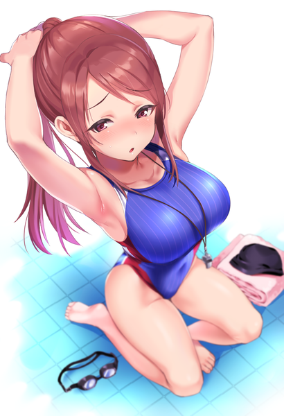 Anime picture 1152x1684 with idolmaster idolmaster cinderella girls mifune miyu natsu (nattiyann) single long hair tall image looking at viewer blush fringe breasts open mouth light erotic simple background red eyes brown hair large breasts white background payot full body