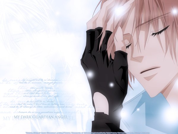 Anime picture 1600x1200 with uragiri wa boku no namae wo shitteiru j.c. staff giou yuki sakurai yuki short hair blonde hair eyes closed portrait vector boy gloves fingerless gloves collar