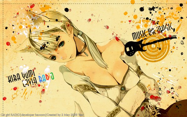 Anime picture 1920x1200 with havcom single highres light erotic blonde hair wide image green eyes animal ears cleavage cat girl girl collar