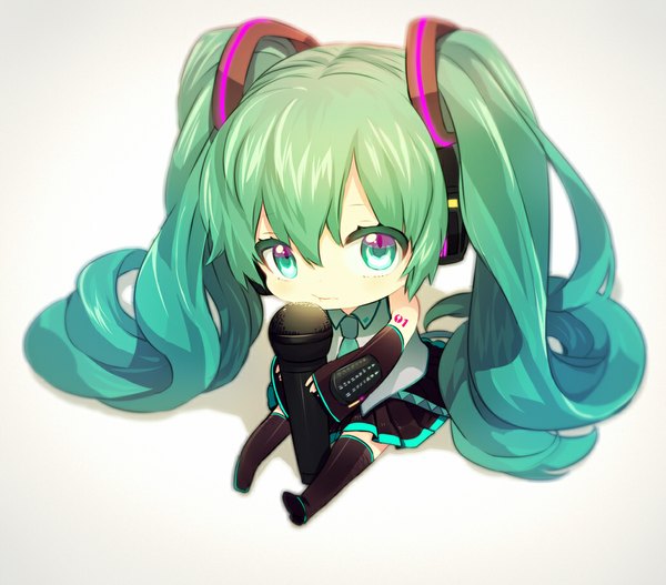 Anime picture 1033x909 with vocaloid hatsune miku kyama single long hair looking at viewer sitting twintails holding very long hair aqua eyes aqua hair tattoo chibi girl skirt detached sleeves shirt necktie headphones