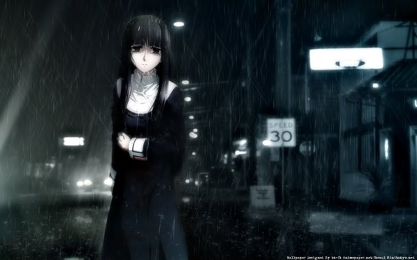 Anime picture 1680x1050 with kara no kyoukai type-moon asagami fujino black hair wide image black eyes dark background rain