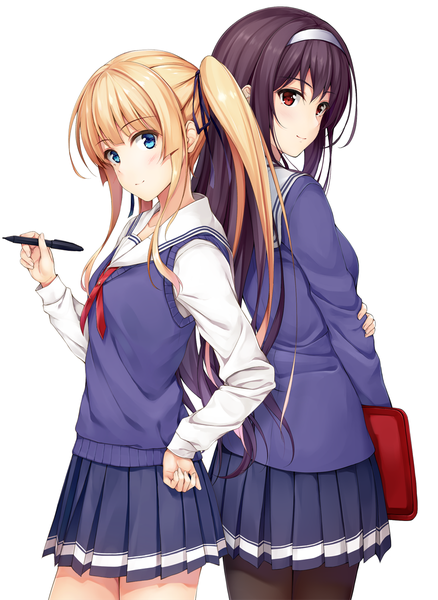 Anime picture 876x1200 with saenai heroine no sodatekata a-1 pictures kasumigaoka utaha sawamura spencer eriri pasdar long hair tall image blush fringe blue eyes black hair blonde hair simple background red eyes white background twintails multiple girls looking away hand on hip back to back