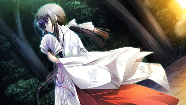 Anime picture 1280x720 with orange memories (game) long hair black hair wide image purple eyes game cg traditional clothes japanese clothes miko girl chihaya (clothing)