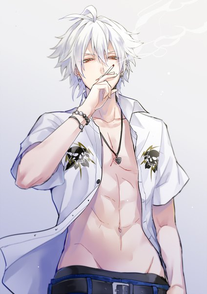 Anime picture 707x1000 with hypnosis mic aohitsugi samatoki huwakemushi03 single tall image looking at viewer fringe short hair light erotic simple background hair between eyes standing upper body ahoge white hair short sleeves orange eyes open shirt gradient background piercing