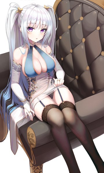Anime picture 1500x2497 with original fakegeo single long hair tall image looking at viewer blush fringe breasts open mouth light erotic simple background large breasts white background sitting purple eyes bare shoulders payot cleavage silver hair